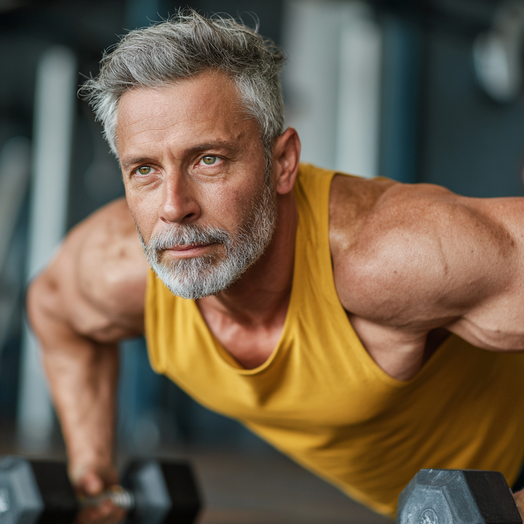 Smiling middle-aged Ukrainian woman in athletic wear stretching outdoors with confident expression
